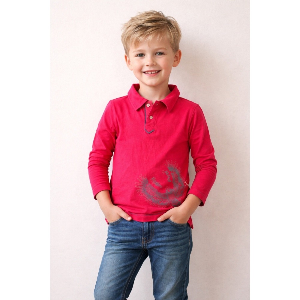 NWT‎ Fore Axel & Hudson Boys Red Bamboo Long Sleeve Eagle Polo Shirt Top 5 New